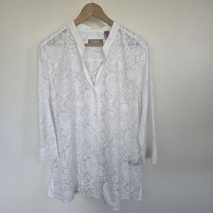 Liz Claiborne White Sheer Paisley Floral Tunic Blouse Size XL